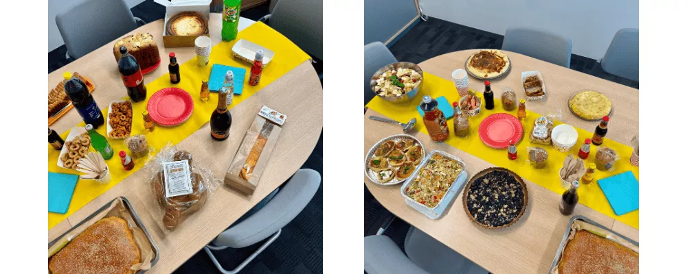 Photo de la table du Lunch de la Diversité chez Pluxee Luxembourg à l'occasion du Diversity 2025 avec des plats et boissons du monde entier 
