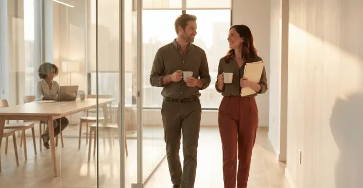 Un homme et une femme discutant en marchant dans des bureaux