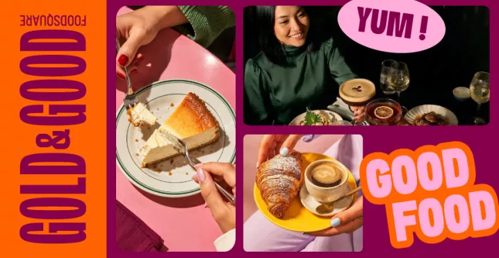 Collage Gold & Good avec cheesecake, croissant, café et plats servis au Foodsquare de la Cloche d’Or.