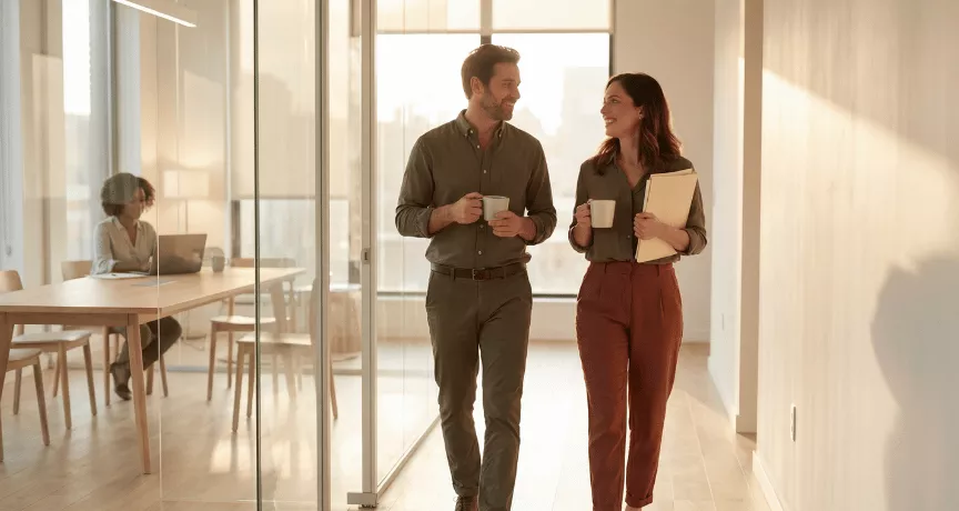 Un homme et une femme discutant en marchant dans des bureaux