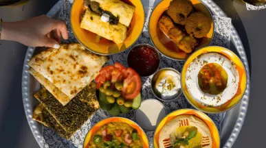 Plat végétarien sur un plateau : falafel, olives, naan, tzatziki, Baba ganousch