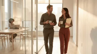 Un homme et une femme discutant en marchant dans des bureaux