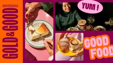 Gold & Good collage featuring cheesecake, a croissant, coffee and dishes served at the Cloche d’Or Foodsquare.