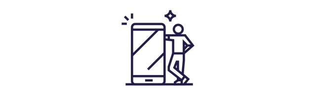 Icone graphique d'un employé au Luxembourg se tenant debout à côté de son téléphone à taille humaine