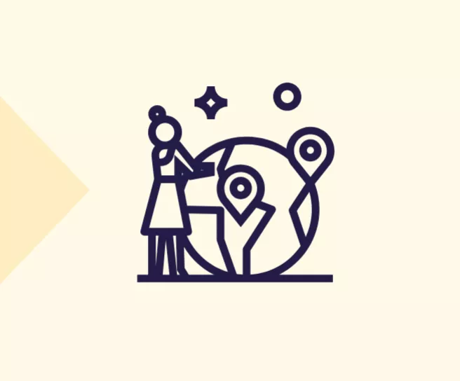 Icone style pictogramme d'une femme à côté d'une planète symbolisant les bienfaits de la carte virtuelle Pluxee pour la planète et la stratégie RSE