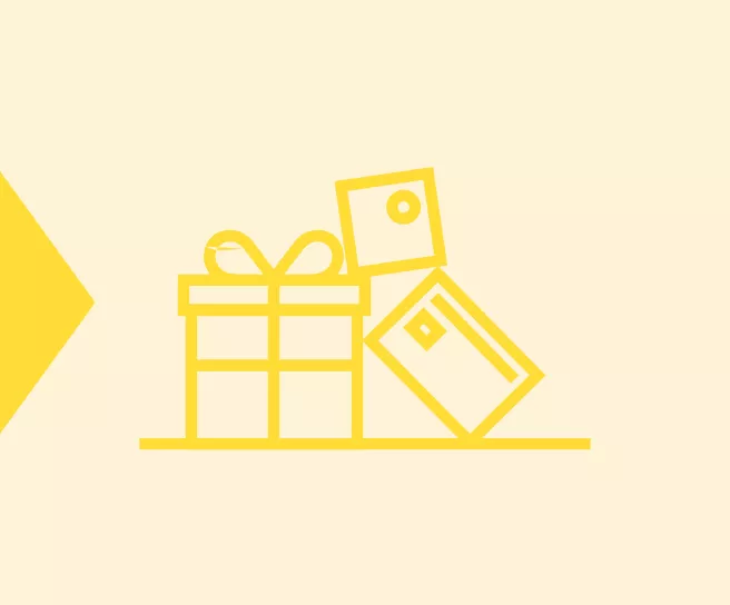 Icone style pictogramme de cadeaux sur lesquels sont adossés des cartes Pluxee Gift, sur un fond jaune