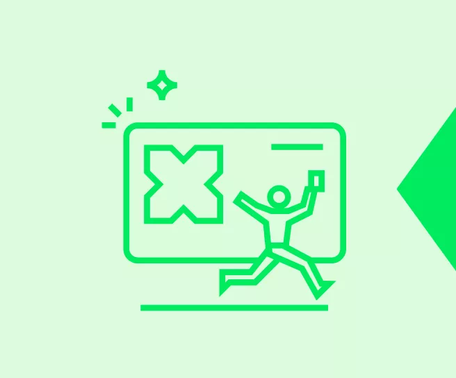 Icone style pictogramme d'un personnage heureux à côté d'une carte Pluxee Lunch sur un fond vert